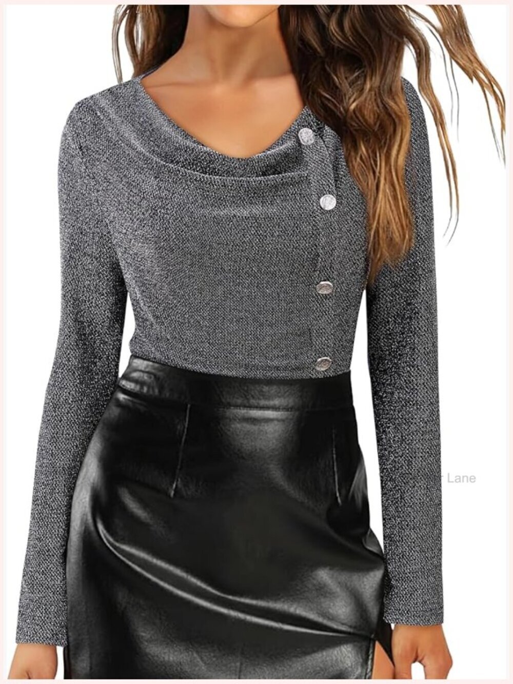 Dressy Cowl Neck Long Sleeve Sparkly Party Top Blouse for Women